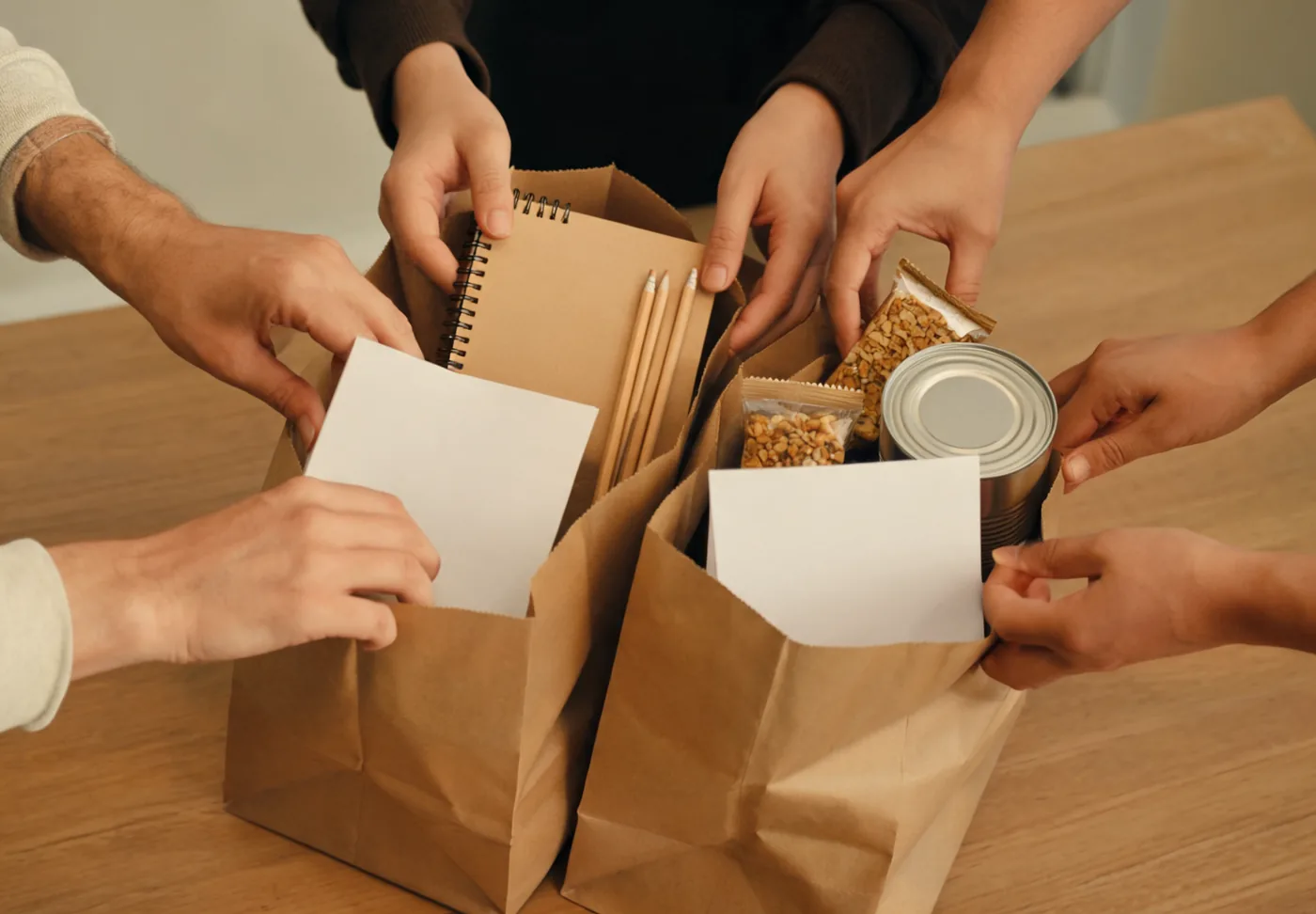 Volunteers preparing supplies for student and community programs.