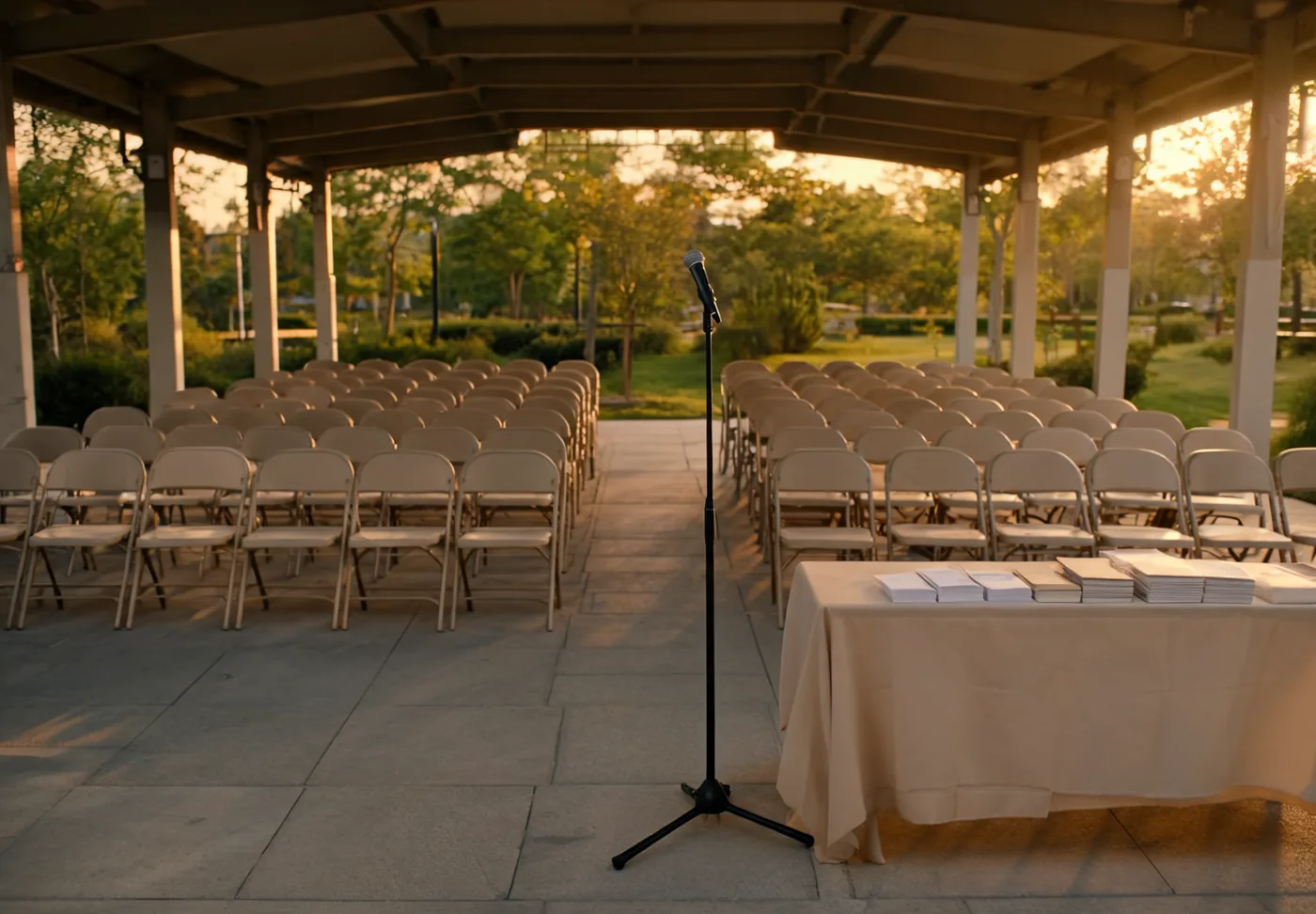 Community awareness event setup with chairs and resource materials.